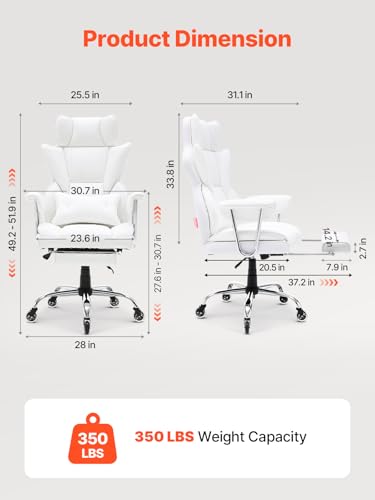 VEVOR Reclining Office Chair with Footrest, Heavy Duty PU Leather Oversize Office Chair, Big and Tall Executive Office Chairs with Lumbar Support, Strong Metal Base Quiet Wheels, White VEVOR