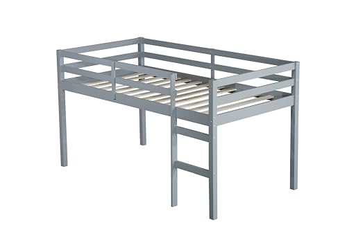 Mirightone Low Loft Bed Twin Size, Wood Junior Loft Bed Frame with Ladder for Kids Girls Boys Teens, Solid Rubberwood, Gray Mirightone