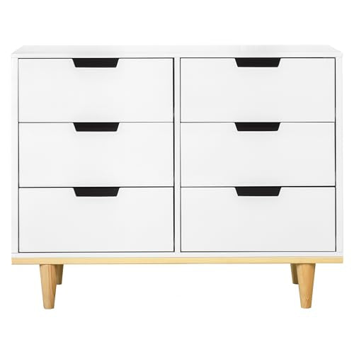 DaVinci Marley 6-Drawer Double Dresser in White Finish and Natural Legs DaVinci