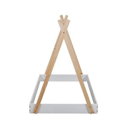 Bellemave Twin Size Teepee Tent Floor Bed Frame with Triangle Structure for Kids - Montessori White and Natural Design - WoodArtSupply