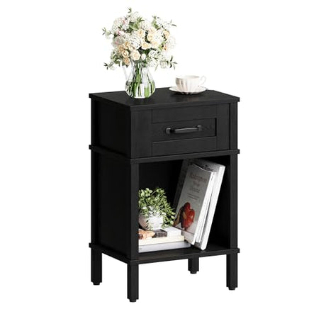 YAUKTAK Farmhouse Nightstand with Drawer, Small Wood Side Table, Wooden Bedroom Nightstand, Wood Night Stand, Black Bedside Table with Storage, Black End Table for Living Room LET512B YAUKTAK