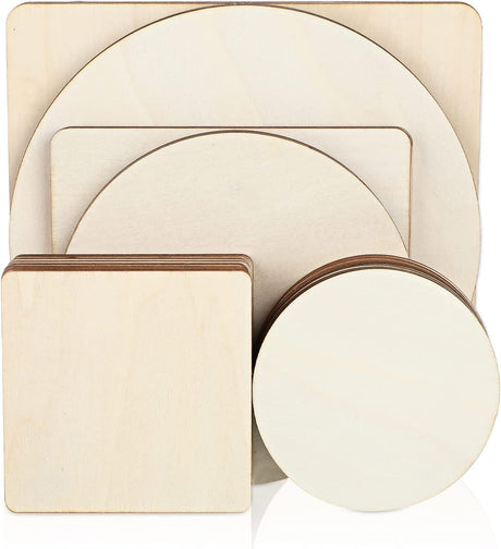 32 Pieces Unfinished Blank Wood Pieces Squares Crafts Natural Cutouts Tiles round Circles DIY Discs for 3 Sizes WoodArtSupply