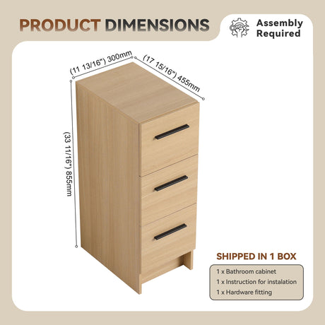 Slim Freestanding Bathroom Storage Cabinet, 3 Drawers - Light Oak HouseOfZazla