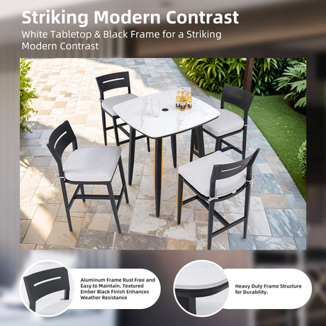 Outdoor Bar Table, Rounded Square Sintered Stone Top With Umbrella Hole, Rust Free Frame, Weatherproof - Ember Black / White HouseOfZazla
