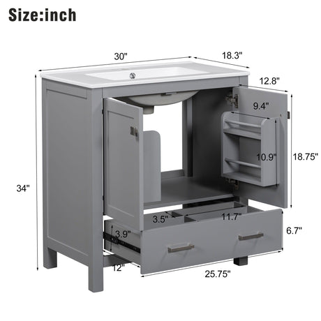 Bathroom Vanity With Single Sink, Combo Cabinet Undermount Sink, Bathroom Storage Cabinet With Two Doors And A Drawer, Soft Closing, Multifunctional Storage, Solid Wood Frame HouseOfZazla
