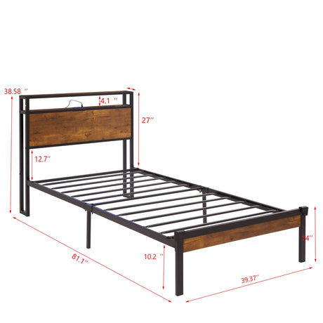 Twin Size Platform Bed Frame, LED Lights With Remote Control, USB Charging Port, Large Under Bed Storage - Black / Brown HouseOfZazla