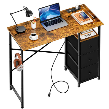 35.4 Inch Small Computer Desk with 3 Fabric Drawers and Power Outlet, Compact Study Desks for Small Spaces, Home Office Desk with Storage Shelf, Kids Girls Teen Study Writing Desk for Bedroom, Vintage 3IngSeagulls