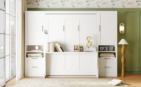 Queen Size Murphy Bed Wall Bed with Closet, Drawers and Shelves, White HouseOfZazla
