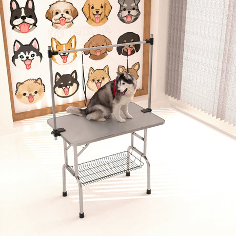 Folding Dog Pet Grooming Table Stainless Steel Frame Rubber Mat On Board With Adjustable Arm And Clamps Pet Dog Cat Grooming Table HouseOfZazla