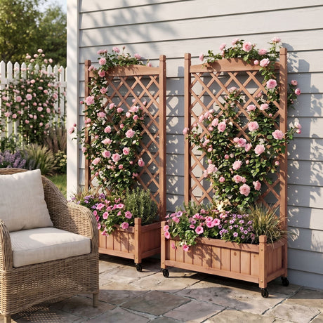 Raised Garden Bed With Trellis 2 Pack, Outdoor Planter Box & Plant Stand With Climbing Racks - Brown HouseOfZazla