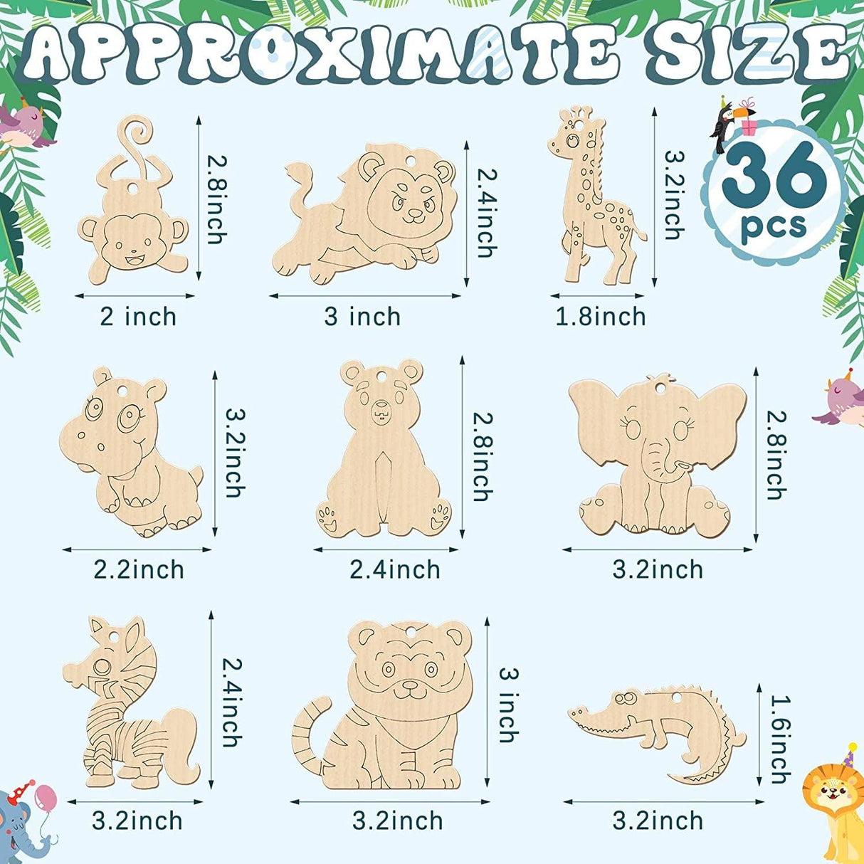 36 Pack Unfinished Wood Animal Jungle Cutouts Jungle Animal Crafts Jungle Animal Wooden Shapes Crocodile Lion Monkey Elephant Tiger Giraffe WoodArtSupply