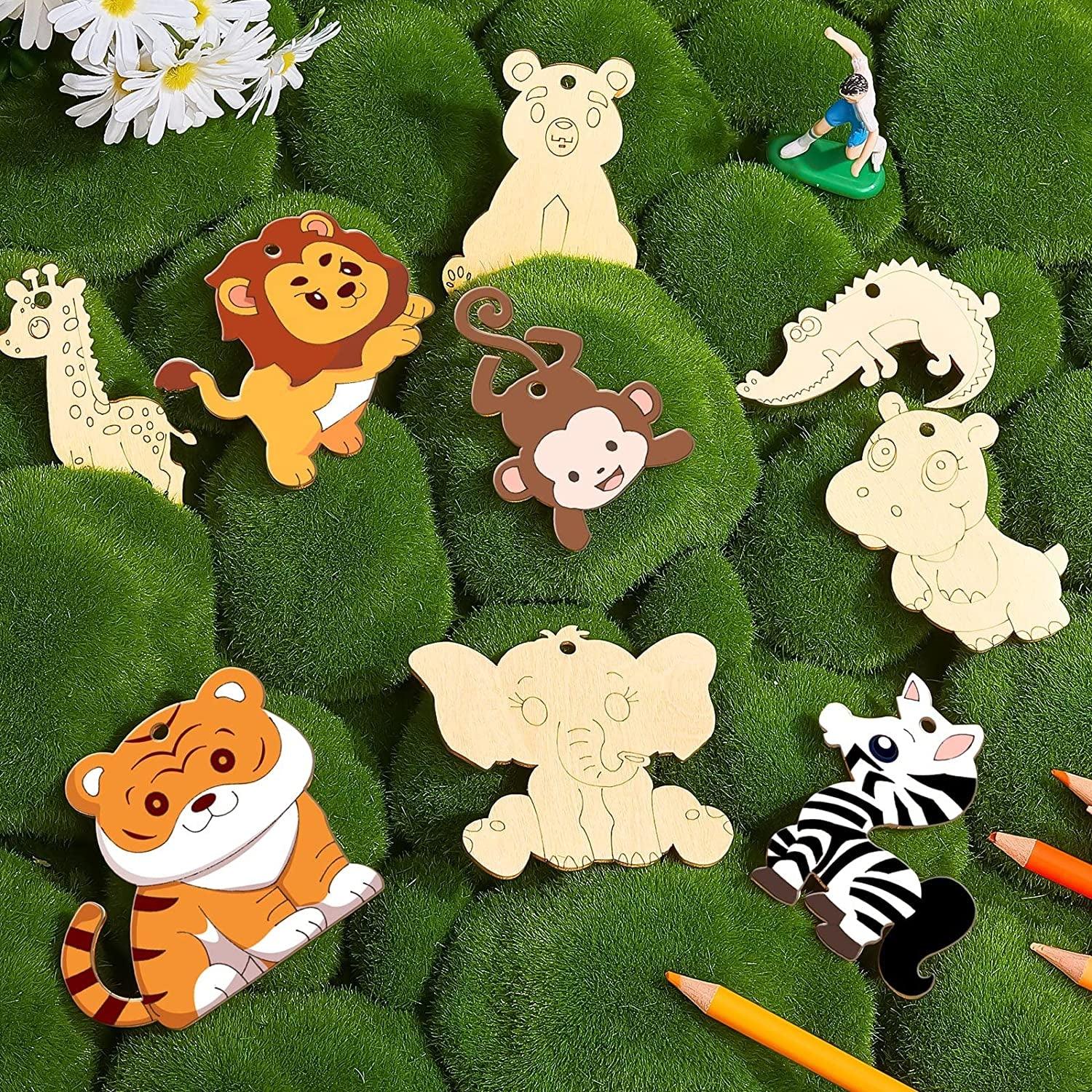Unfinished Wood Cutouts for Crafts, Tiger, Lion, Wolf, Leopard (24 Pack)