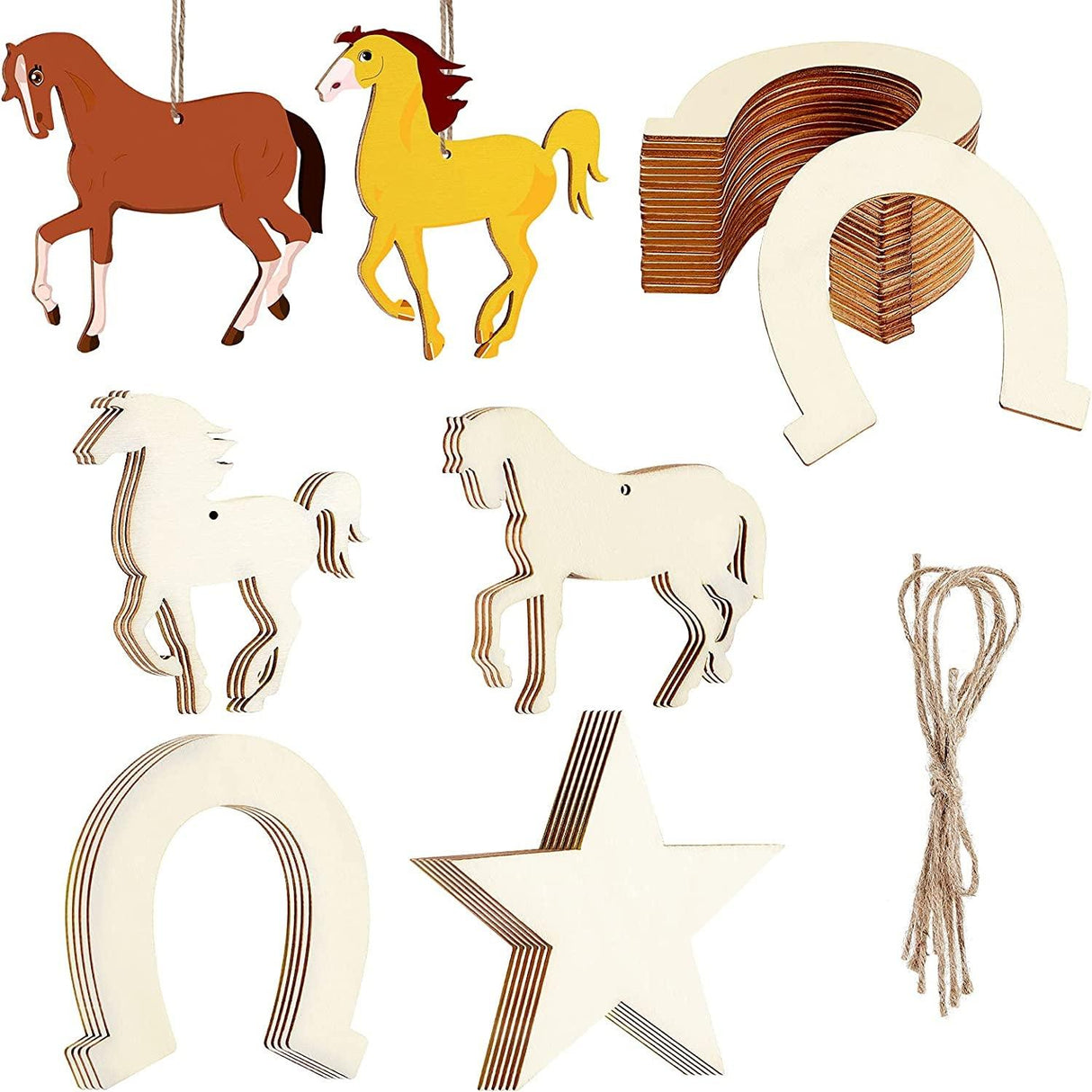 36 Pieces Unfinished Wooden Horse Cutouts Wood Discs Slices Horseshoes Star Animal Shaped Rope for Home DIY WoodArtSupply