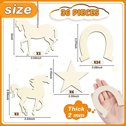 36 Pieces Unfinished Wooden Horse Cutouts Wood Discs Slices Horseshoes Star Animal Shaped Rope for Home DIY - WoodArtSupply