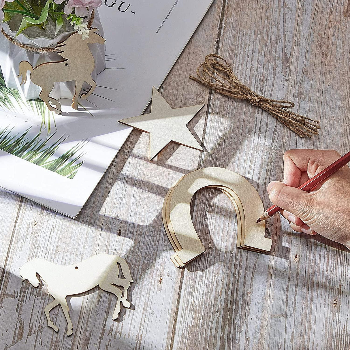 36 Pieces Unfinished Wooden Horse Cutouts Wood Discs Slices Horseshoes Star Animal Shaped Rope for Home DIY WoodArtSupply