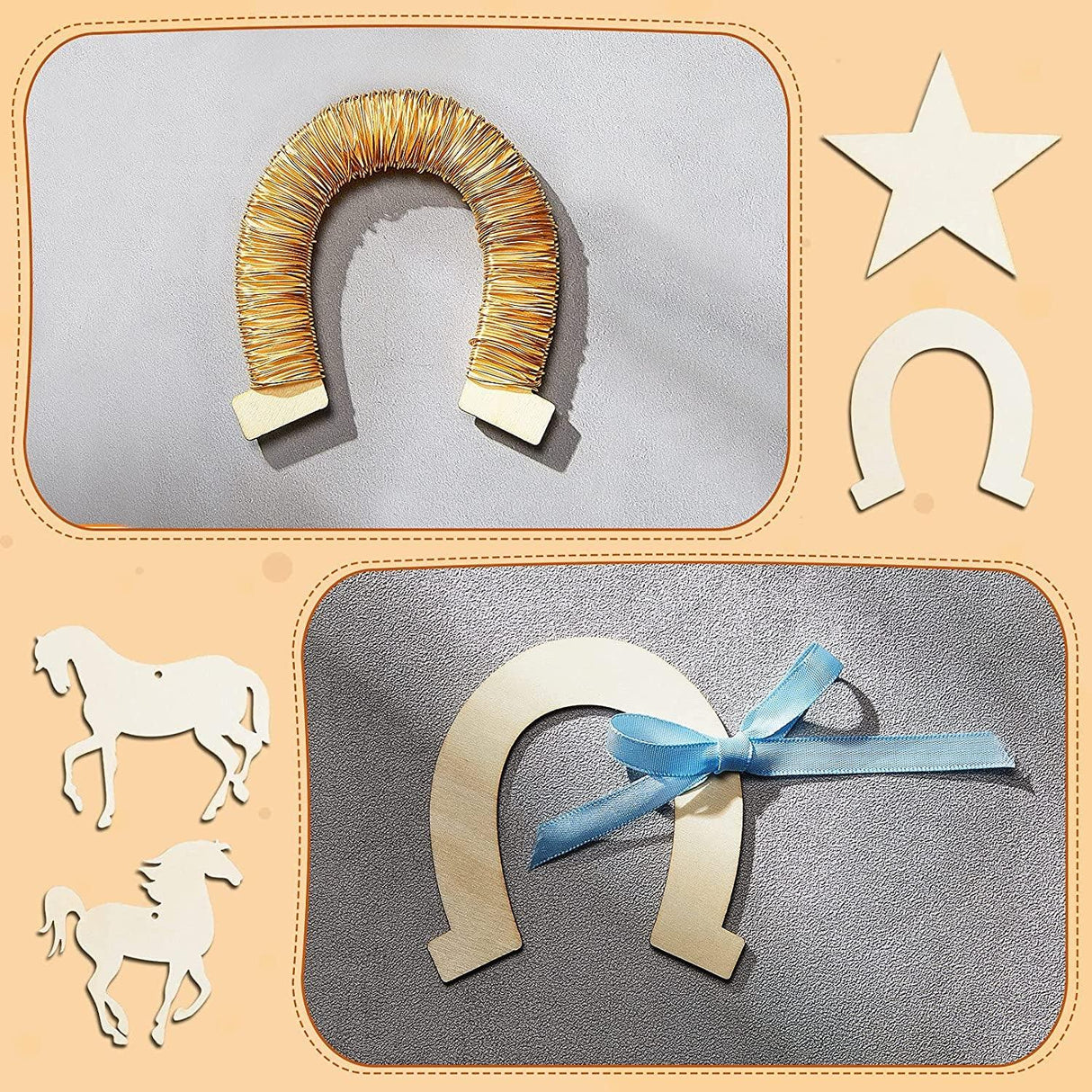 36 Pieces Unfinished Wooden Horse Cutouts Wood Discs Slices Horseshoes Star Animal Shaped Rope for Home DIY WoodArtSupply