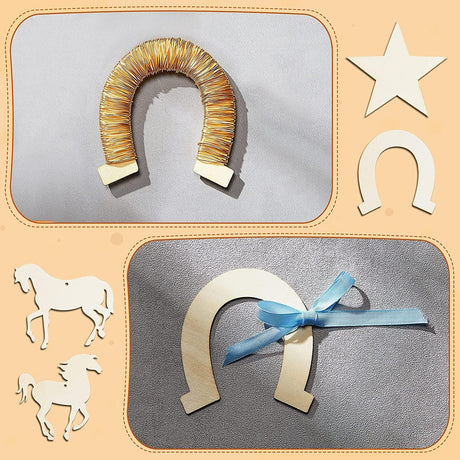 36 Pieces Unfinished Wooden Horse Cutouts Wood Discs Slices Horseshoes Star Animal Shaped Rope for Home DIY WoodArtSupply
