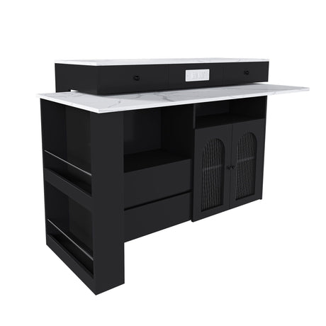 Kitchen Island With Extendable Rotating Table, 4 Drawers & Glass Door Cabinets, Built In Socket - Black HouseOfZazla