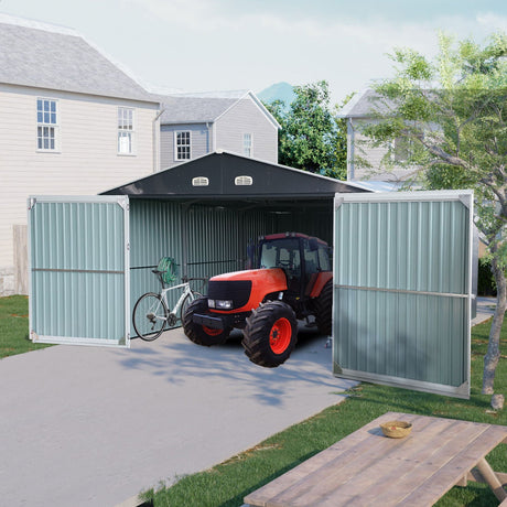 Outdoor Storage Shed Metal Garage Shed For Car, Bike, Lawnmower Backyard Tool House Building 2 Doors And 4 Vents - Black HouseOfZazla