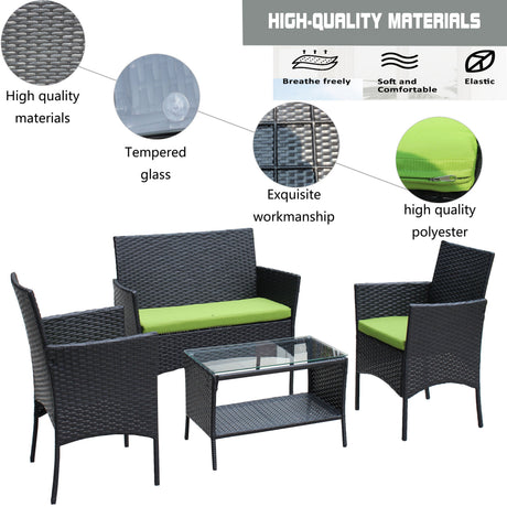 4 PC Rattan Patio Furniture Set Outdoor Cushioned Wicker Sofa Green Cushion HouseOfZazla