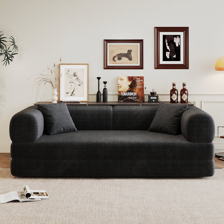 78.8' Compression Sofa,Convertible Floor Sofa Bed-with Pillow Back Support Armrest,Comfy Futon Couch Sleeper Bed,Loveseats Boneless Modular Sectional Sofa,Corduroy fabric,for Living Room,Bedroom,Black HouseOfZazla