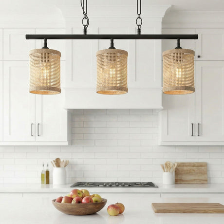 Elysian - 3 Lights Island With Natural Shade Farmhouse Chain Ceiling Lamp - Black / Rattan HouseOfZazla