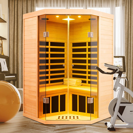 Deluxe Hemlock Far Infrared Corner Sauna Room with Glass Front for Two Persons HouseOfZazla