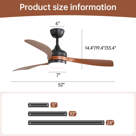 Ceiling Fan With 3 Blades, Remote Control, Reversible DC Motor, Noiseless Operation, 3 Downrods HouseOfZazla