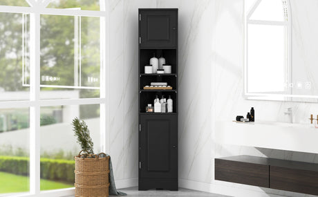 Multi-Functional Corner Cabinet Tall Bathroom Storage Cabinet with Two Doors and Adjustable Shelves, Open Shelf HouseOfZazla