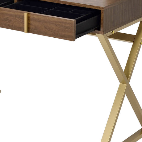 Coleen Walnut & Gold Finish Vanity Desk with Mirror & Jewelry Tray HouseOfZazla