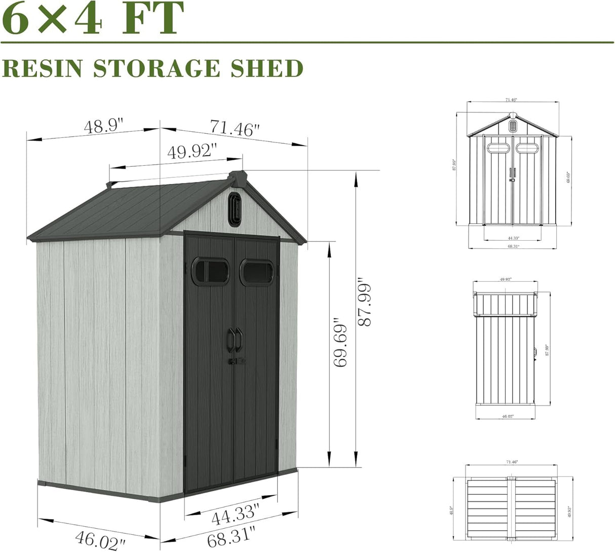 6x4FT Outdoor Resin Storage Shed with Transparent Windows & Louvered Vents