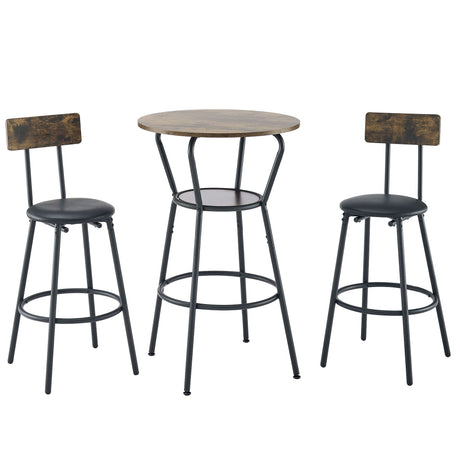 Rustic Brown Round Bar Table And Stool Set With Shelf, Upholstered Stool With Backrest - Antique Brown HouseOfZazla
