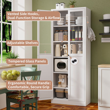 Tall Metal Kitchen Pantry Cabinet With Adjustable Shelves And Silent Magnetic Doors - White HouseOfZazla