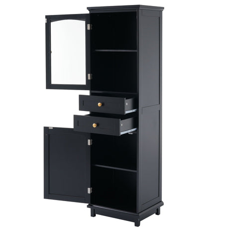 Tall Bathroom Storage Cabinet With Glass Doors, Free-Standing, Two Drawers, And Adjustable Shelves, Board, Painted Perfect For Displaying Your Favorite Items HouseOfZazla