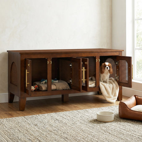 Lars Indoor Rattan Decorated Rubber Wood Dog Crate Cabinet Furniture HouseOfZazla