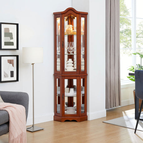 Corner Curio Cabinet With Lights, Adjustable Shelves, Mirrored Back - Walnut HouseOfZazla