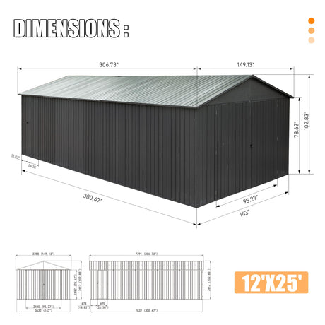 12x25FT Outdoor Metal Garage Shed, Extra Large Metal Carport HouseOfZazla