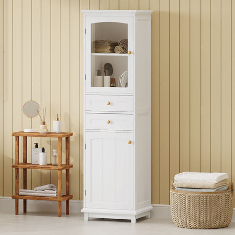 Tall Bathroom Storage Cabinet With Glass Doors, Free-Standing, Two Drawers, And Adjustable Shelves, Board, Painted Perfect For Displaying Your Favorite Items HouseOfZazla