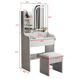 Fashion Vanity Desk With Mirror And Lights For Makeup, Hair Dryer Holder And Chair, Adjustable Lighting - White