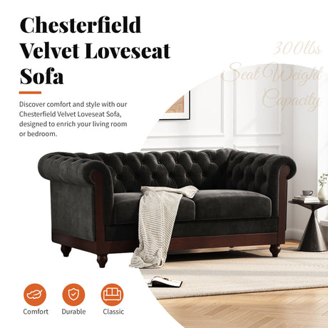 Chesterfield Loveseat Sofa, 2 Person Rolled Arm Upholstered Couch HouseOfZazla
