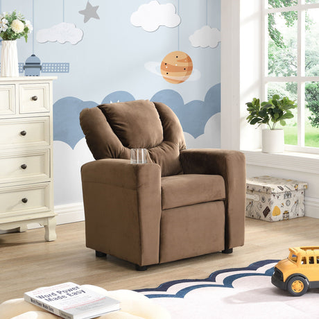 Kids Recliner Chair with Cup Holder - Brown Upholstered Couch HouseOfZazla