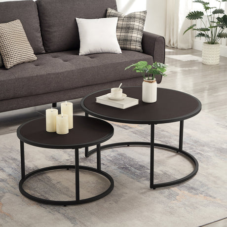 Modern Faux Leather Nesting Round Coffee Table Set - Dark Brown HouseOfZazla