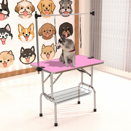 Folding Dog Pet Grooming Table Stainless Steel Frame Rubber Mat On Board With Adjustable Arm And Clamps Pet Dog Cat Grooming Table HouseOfZazla
