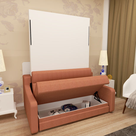 Morden Deisgn Vertical Murphy Bed With Sofa For Bedroom Or Guestroom White Wall Bed Space Saving Hidden Bed With New Style Gas Struts - Orange HouseOfZazla