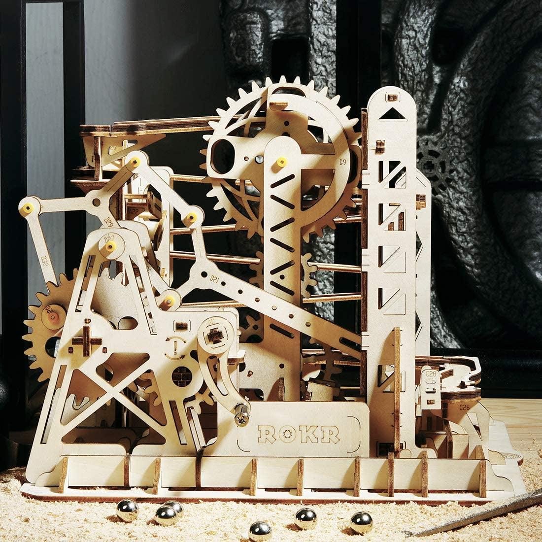 3D Assembly Wooden Puzzle Brain Teaser Game Mechanical Gears Set Model Kit Marble Run Set Unique Craft Kits Lift Coaster - WoodArtSupply