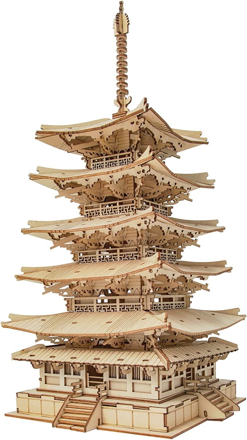 3D Puzzle Wooden Craft Kits for Adults DIY Model Building Kit Best Gift for Kids (Five-Storied Pagoda) - WoodArtSupply