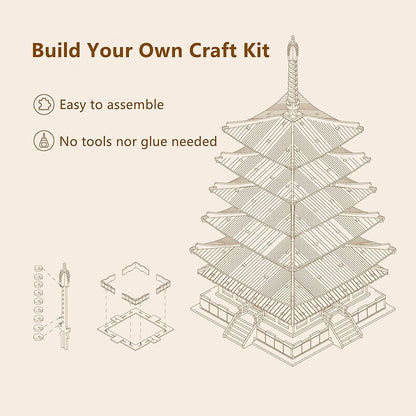 3D Puzzle Wooden Craft Kits for Adults DIY Model Building Kit Best Gift for Kids (Five-Storied Pagoda) - WoodArtSupply