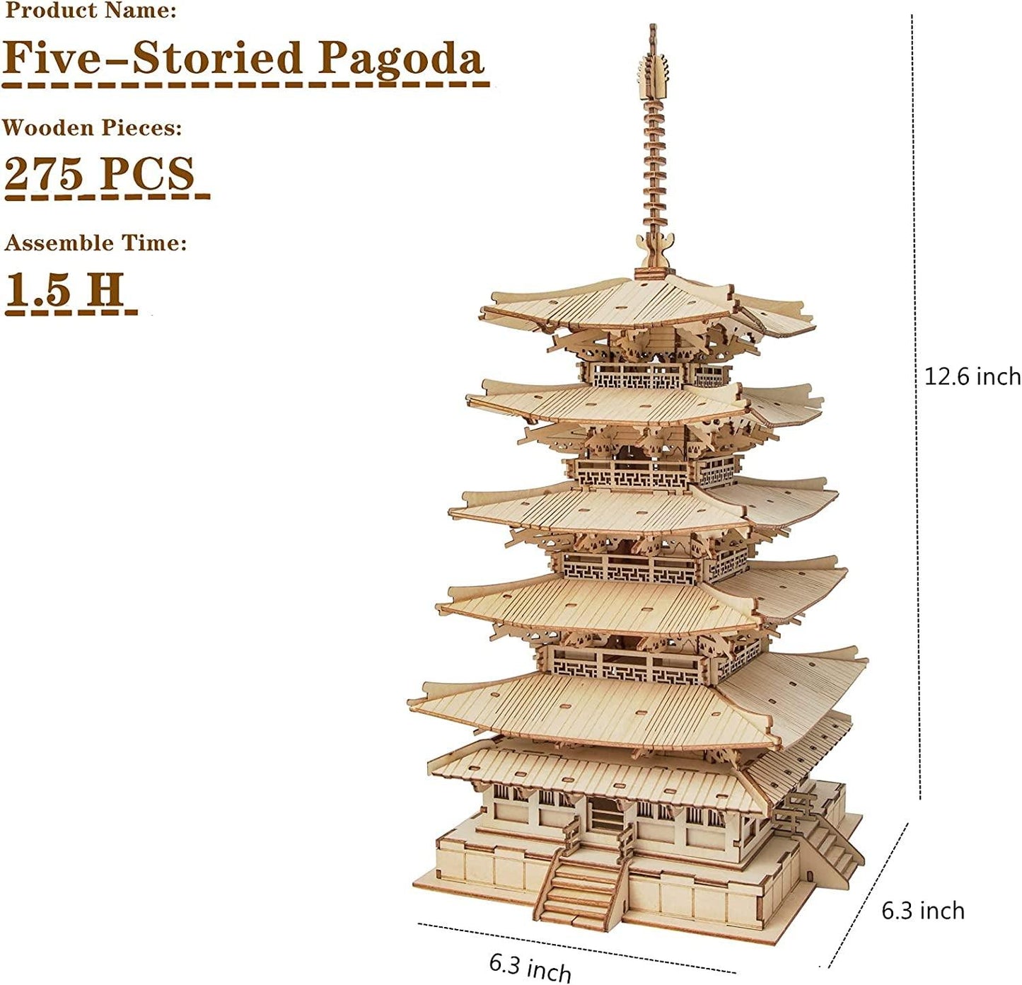 3D Puzzle Wooden Craft Kits for Adults DIY Model Building Kit Best Gift for Kids (Five-Storied Pagoda) - WoodArtSupply