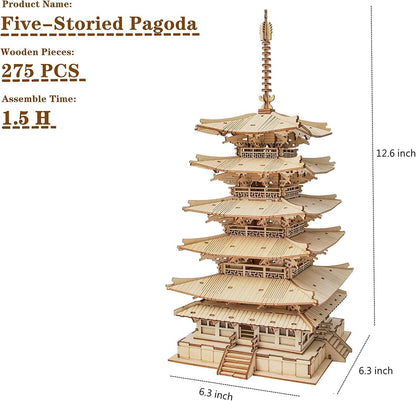 3D Puzzle Wooden Craft Kits for Adults DIY Model Building Kit Best Gift for Kids (Five-Storied Pagoda) - WoodArtSupply