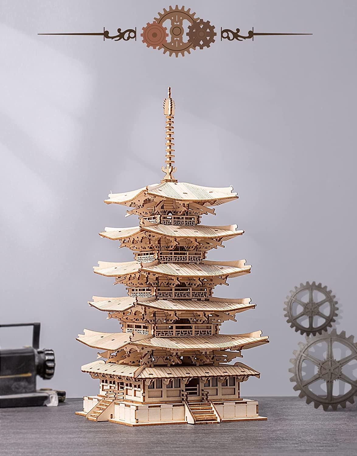 Five-Storied Pagoda 3D Wooden Puzzle Kit - Unique DIY Craft for All Ages WoodArtSupply